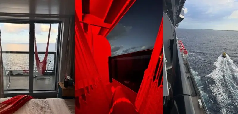 Virgin Voyages cruise ship cabin interior with ocean view