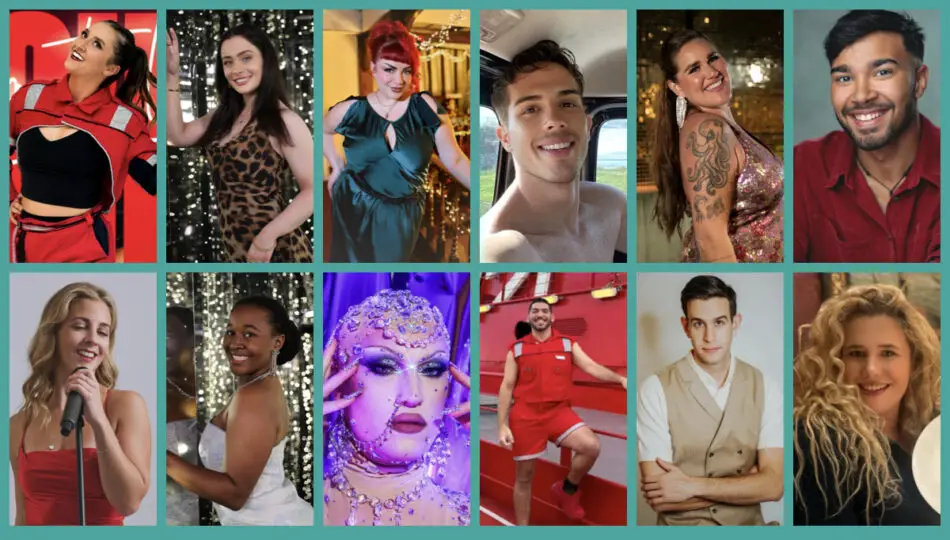 Collage of twelve performers in vibrant stage outfits