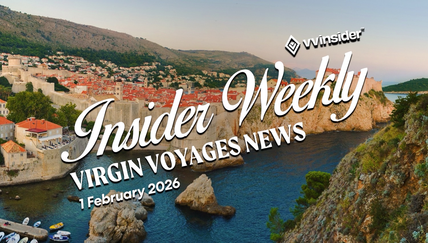 Virgin Voyages Insider Weekly News promotional graphic over a coastal town