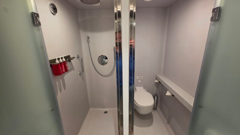 Cruise ship cabin bathroom with a modern shower and toilet.