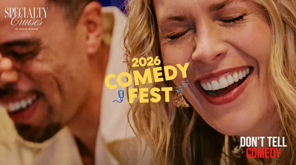 Two people smiling as 2026 Comedy Fest promo text overlays