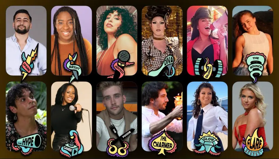 Twelve performer portraits in rounded-card frames forming a collage on a dark background