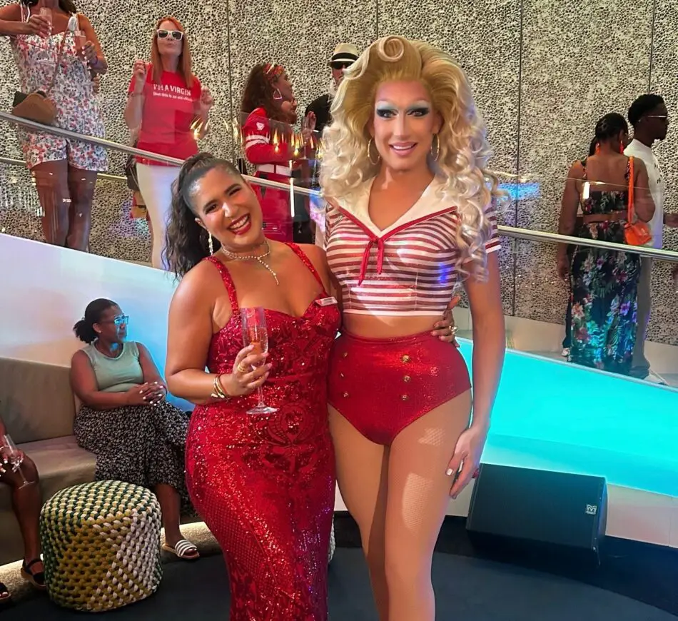 Anabell the Hostess and Cordelia the Diva, leading the Happenings Cast onboard Valiant Lady