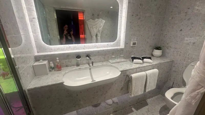 Bathroom in a Virgin Voyages cruise ship cabin with a large mirror, sink, marble countertop, towels, and a small plant.