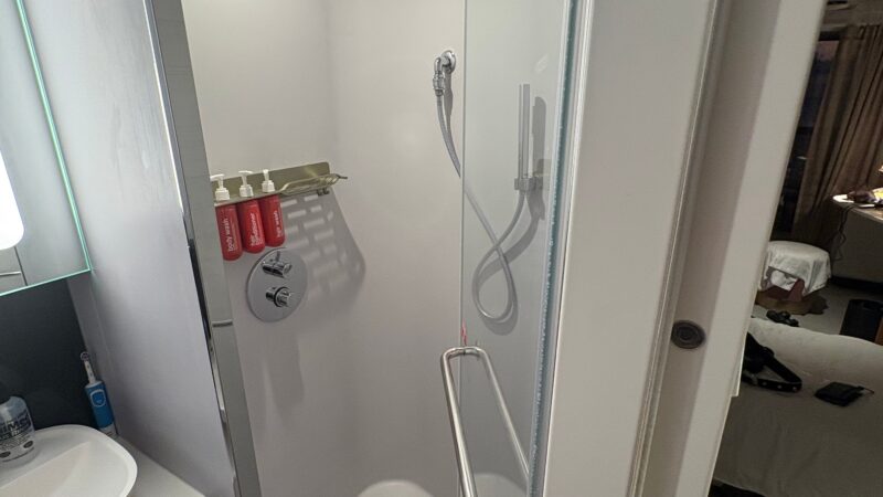 Cruise ship cabin bathroom with a glass-enclosed shower, rain showerhead, handheld shower, toiletries, and adjacent sink.