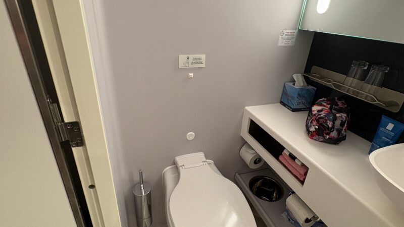 Modern bathroom in a Virgin Voyages cruise ship cabin, featuring a toilet, a towel rail, and a countertop with toiletries and a mirror with integrated lighting.