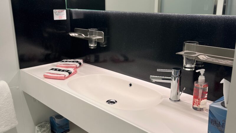 Virgin Voyages cruise ship cabin bathroom with a white sink, large mirror, glass shower door, and toiletries.