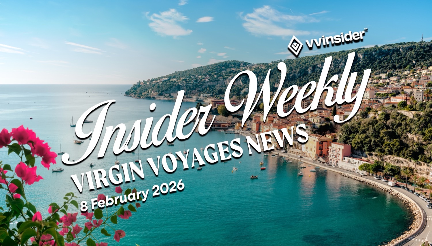 Coastal harbor town with Insider Weekly Virgin Voyages News banner