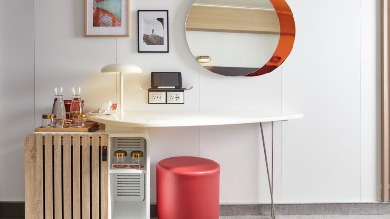 Modern hotel-style vanity area in a Virgin Voyages cabin on a cruise ship