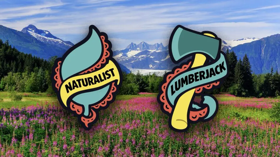 Two large colorful logos reading Naturalist and Lumberjack over an Alaska mountain meadow