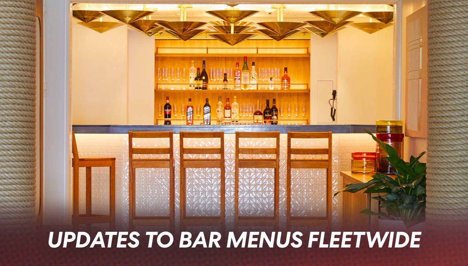 Bar area on a Virgin Voyages cruise ship with backlit shelves of bottles and wooden stools