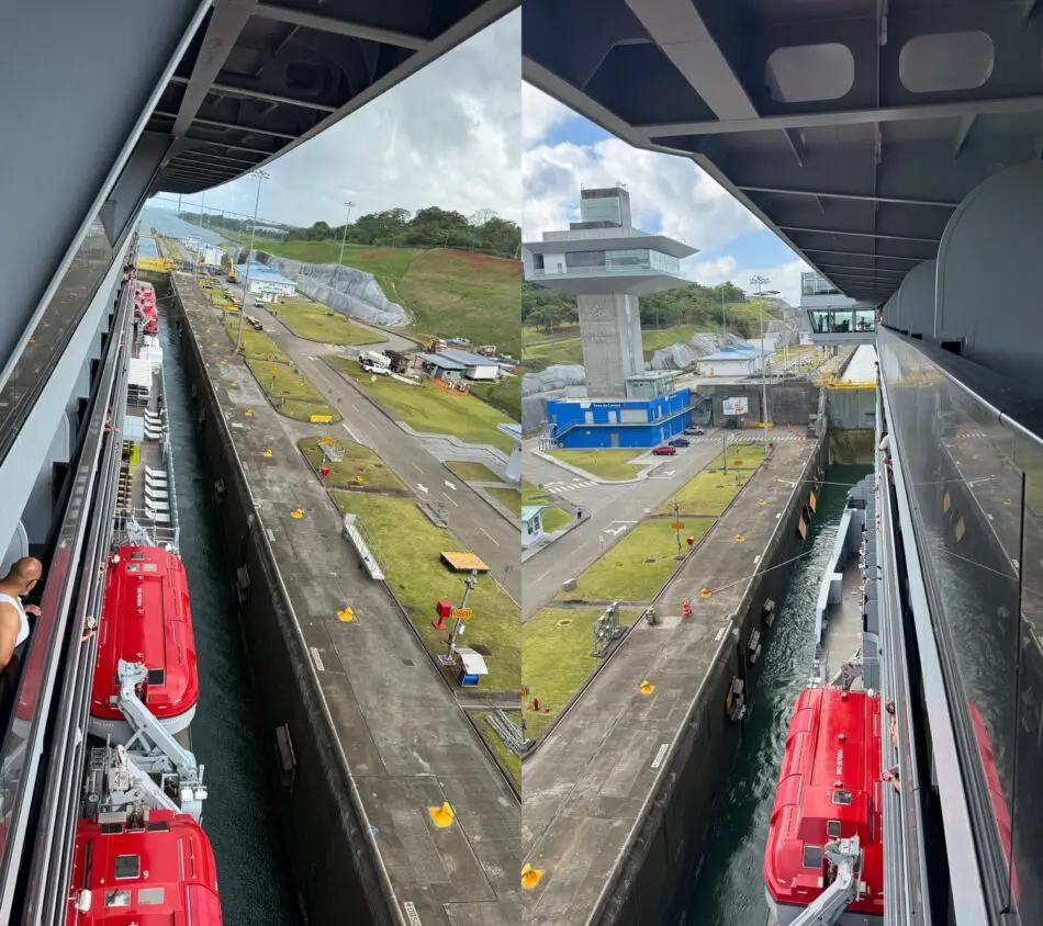 Deck view from a Virgin Voyages cruise ship overlooking the port and terminal