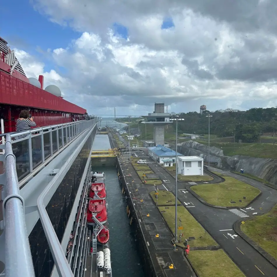 Deck view from the side of a cruise ship at port