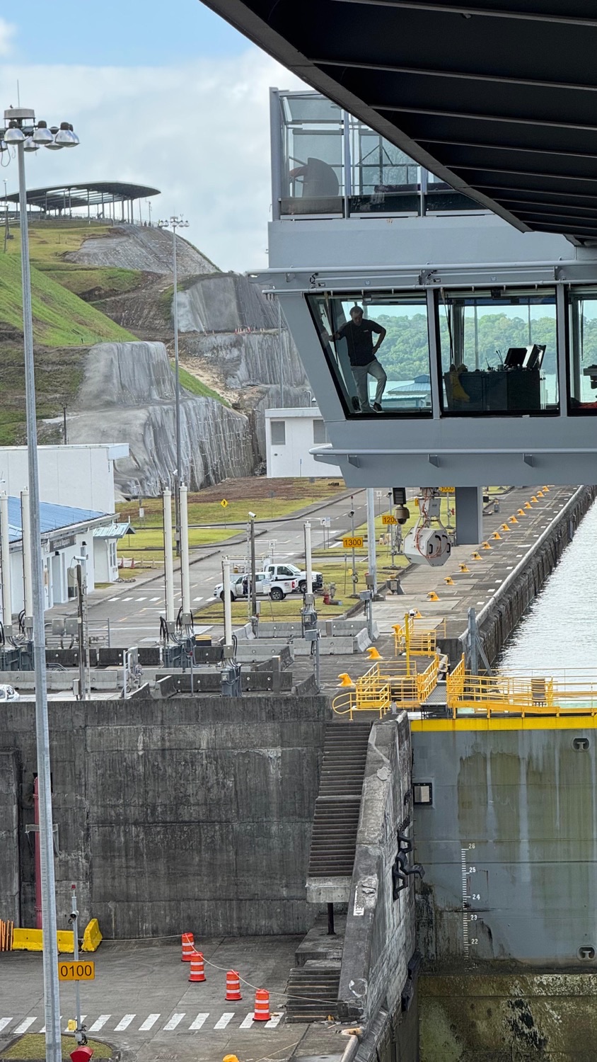 Crew member standing inside the glass-walled bridge of a docked cruise ship