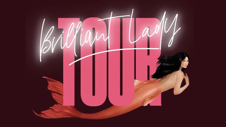 Mermaid with orange tail beside bold pink typography and white Brilliant Lady script on a dark background