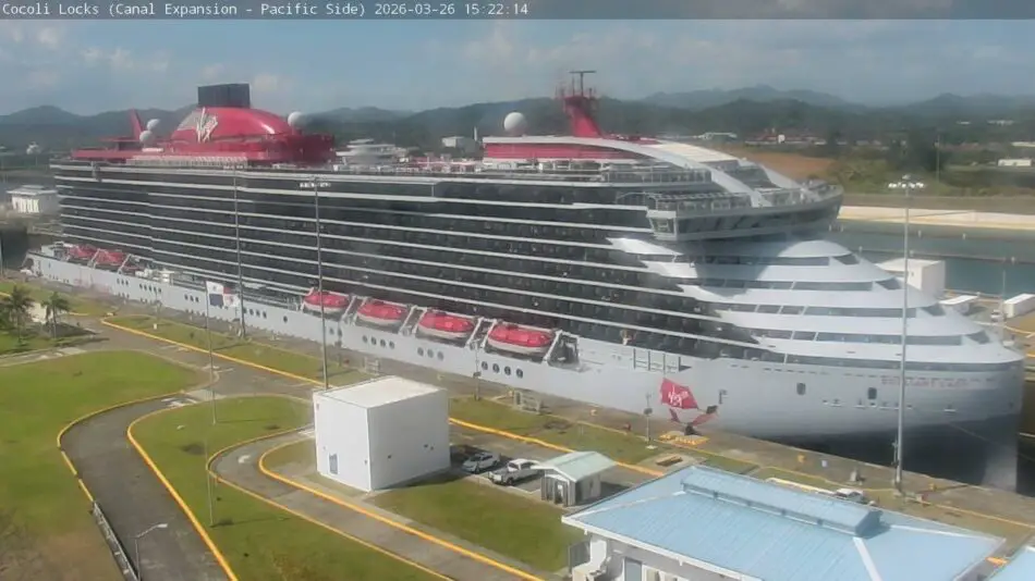 Virgin Voyages cruise ship docked at port