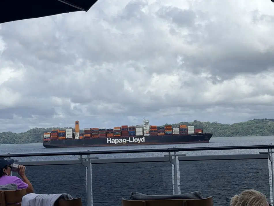 Hapag-Lloyd container ship viewed from a cruise ship deck