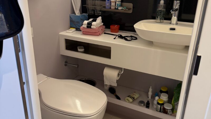 Bathroom area in a Virgin Voyages cruise ship cabin, featuring a modern sink, a toilet, towels, and toiletries on shelves.