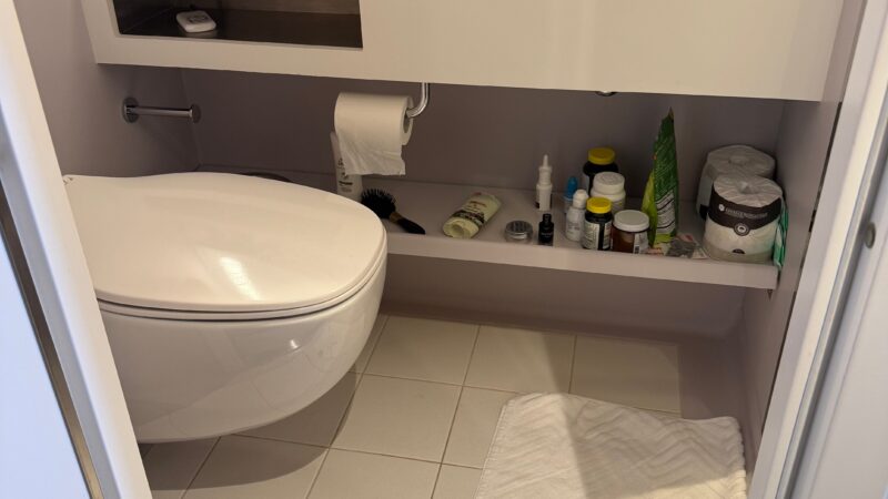 Cruise ship cabin bathroom with modern fixtures including a sink, toilet, and storage shelves with toiletries and towels.