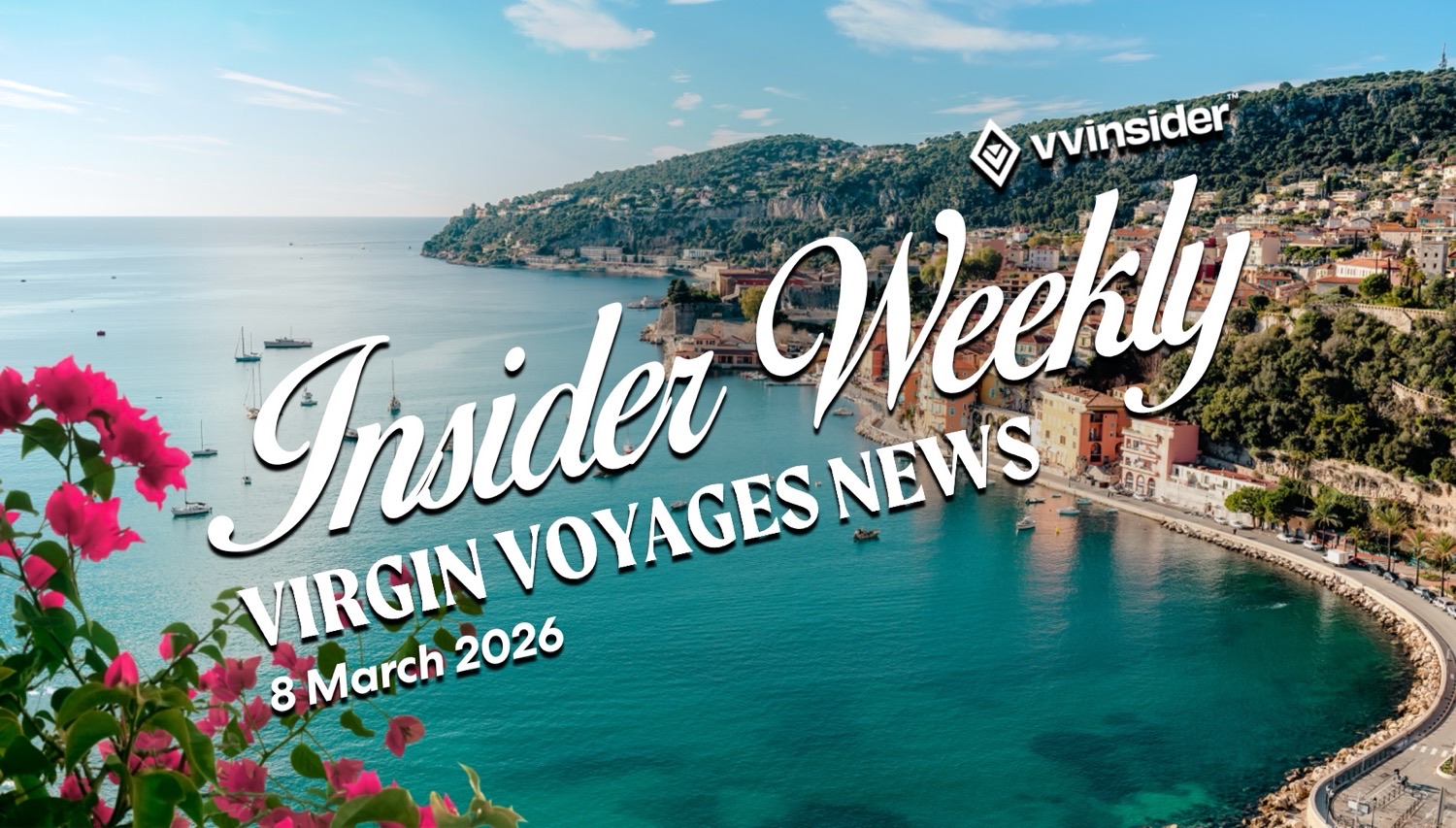 Coastal town view with bold Insider Weekly text and Virgin Voyages News
