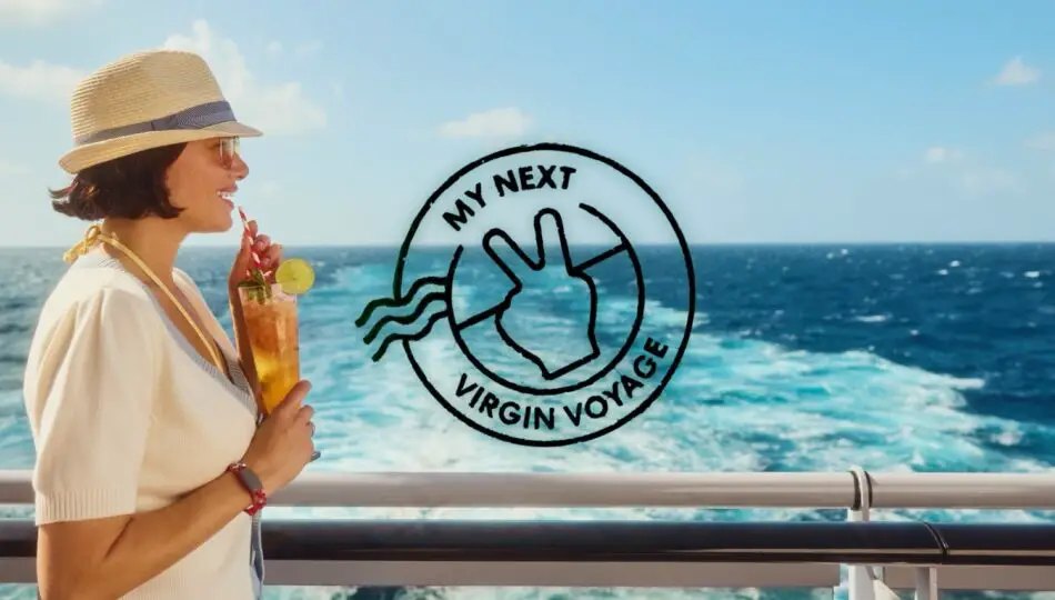 Woman in sunhat on a Virgin Voyages cruise deck sipping a cocktail