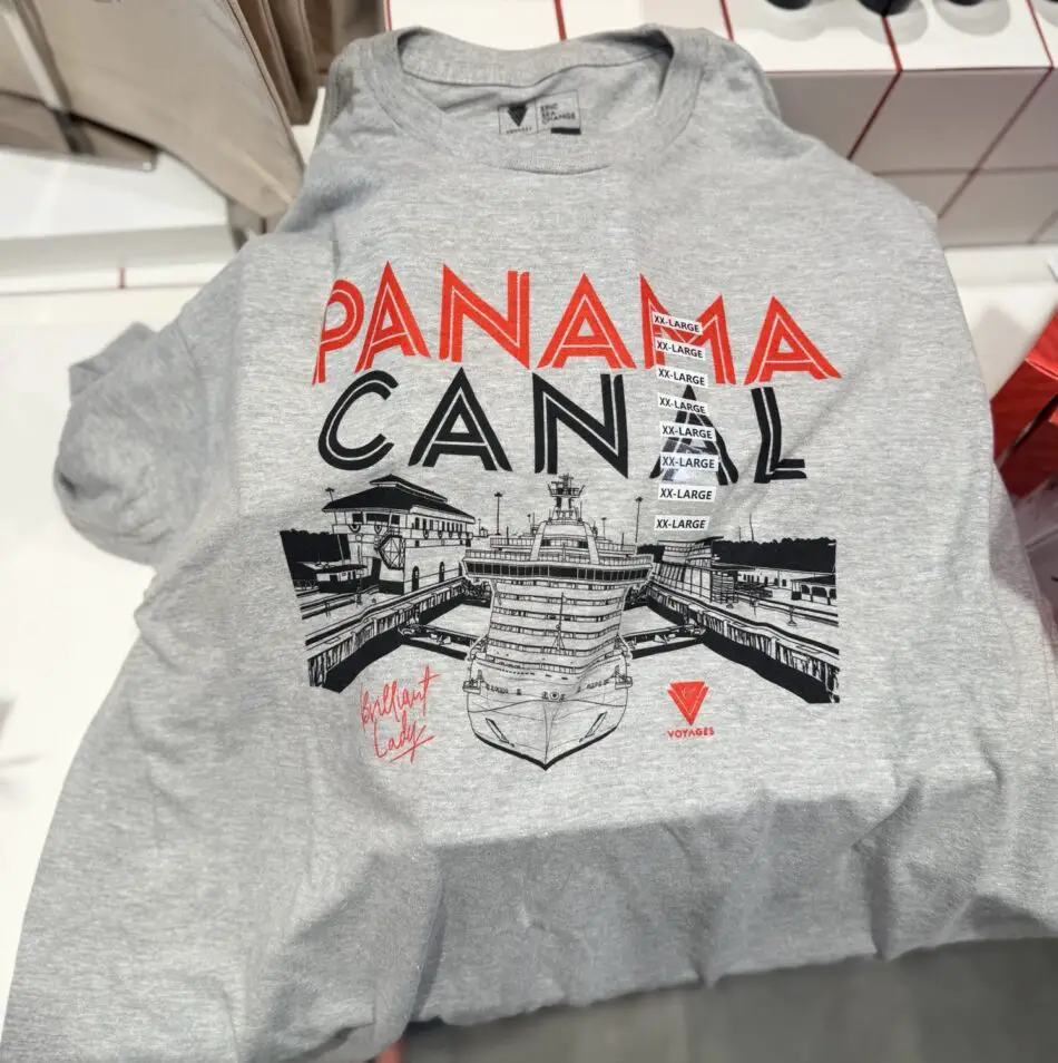 Gray T-shirt with Panama Canal design and a cruise ship illustration