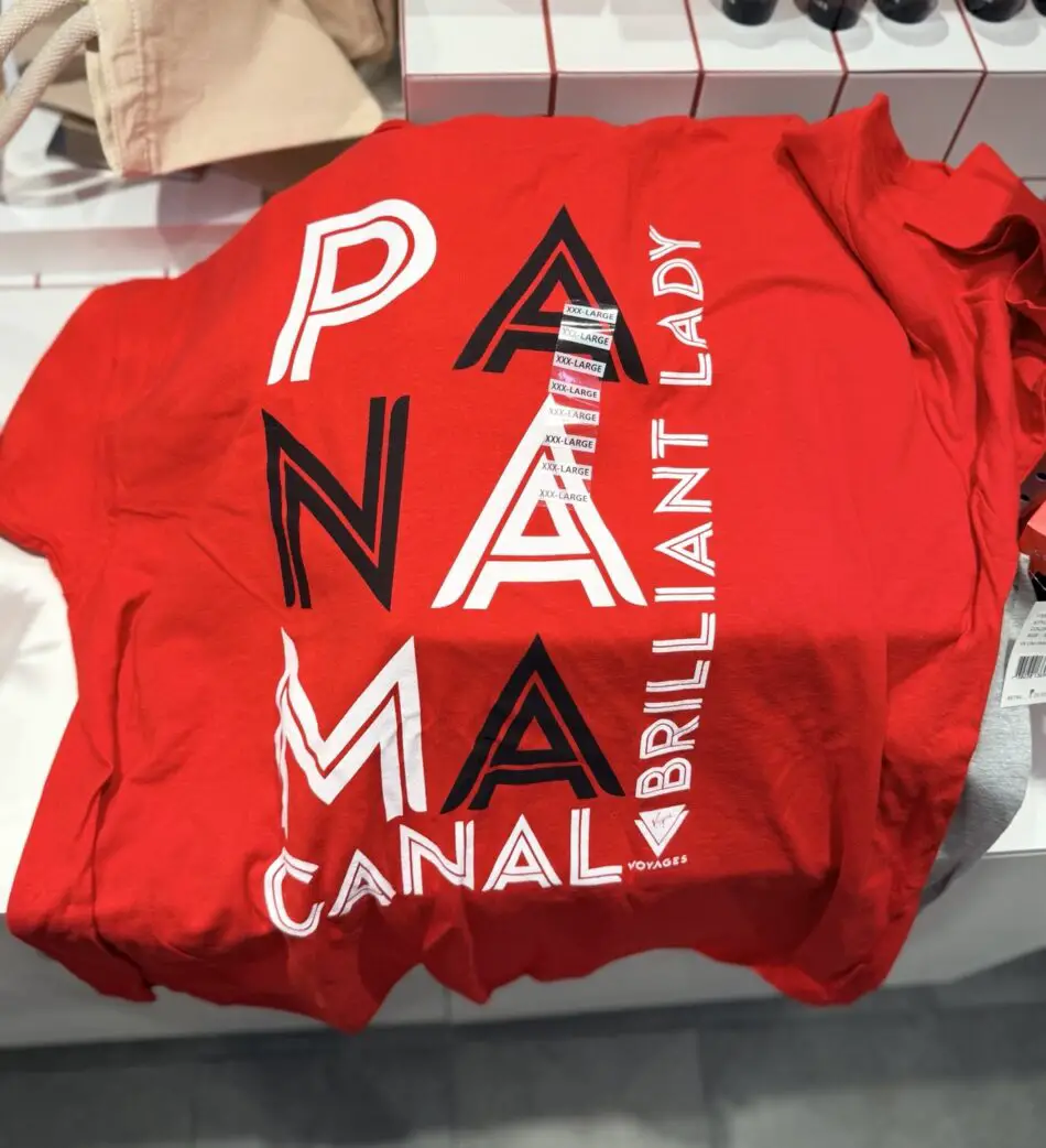 Red T-shirt printed with Panama Canal text design