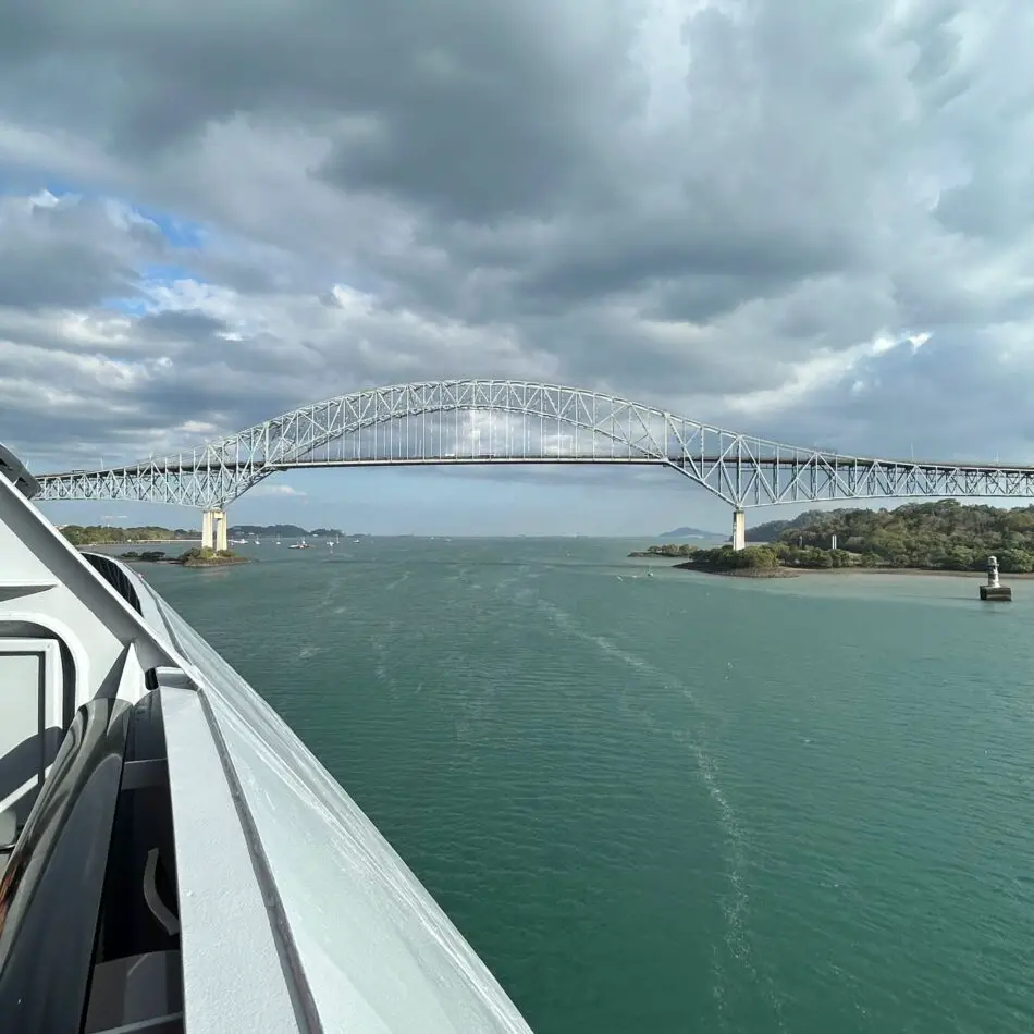 Brilliant Lady heads through the Bridge of Americas to the Pacific Ocean