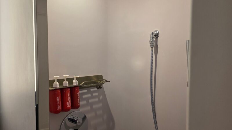 Interior of a Virgin Voyages cruise ship cabin shower with red bath product bottles, a rainfall showerhead, and a sleek control panel.