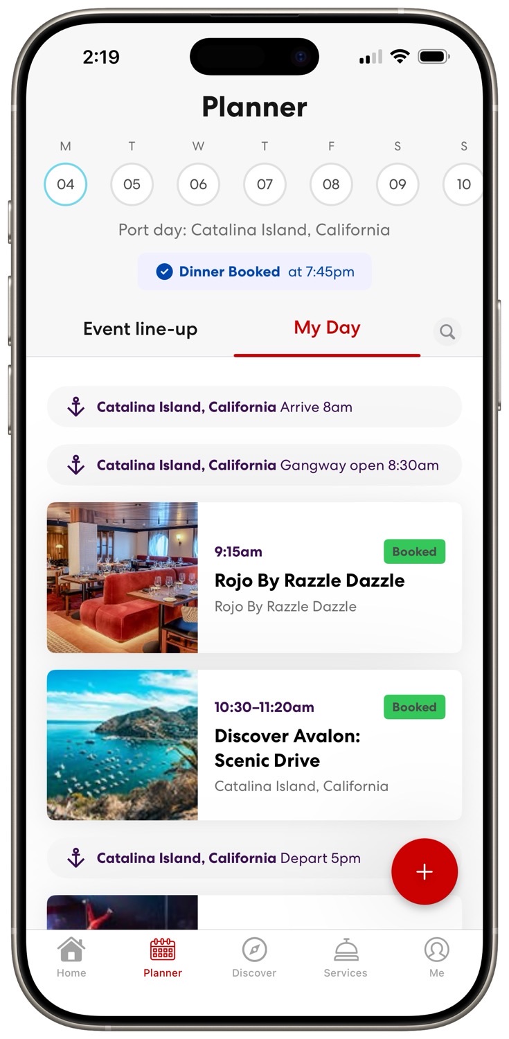Phone screen showing Virgin Voyages planner with scheduled events and bookings