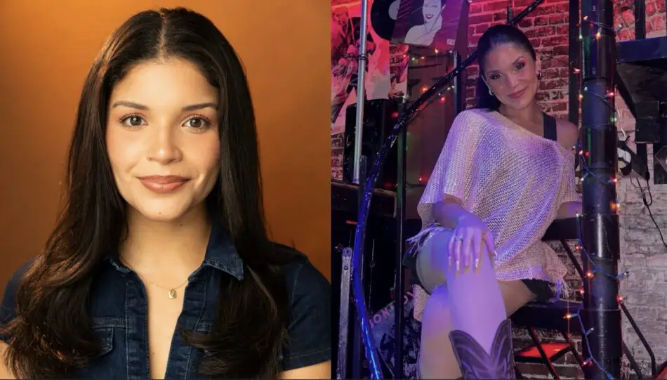 Portrait of a woman on orange background beside a backstage club performer