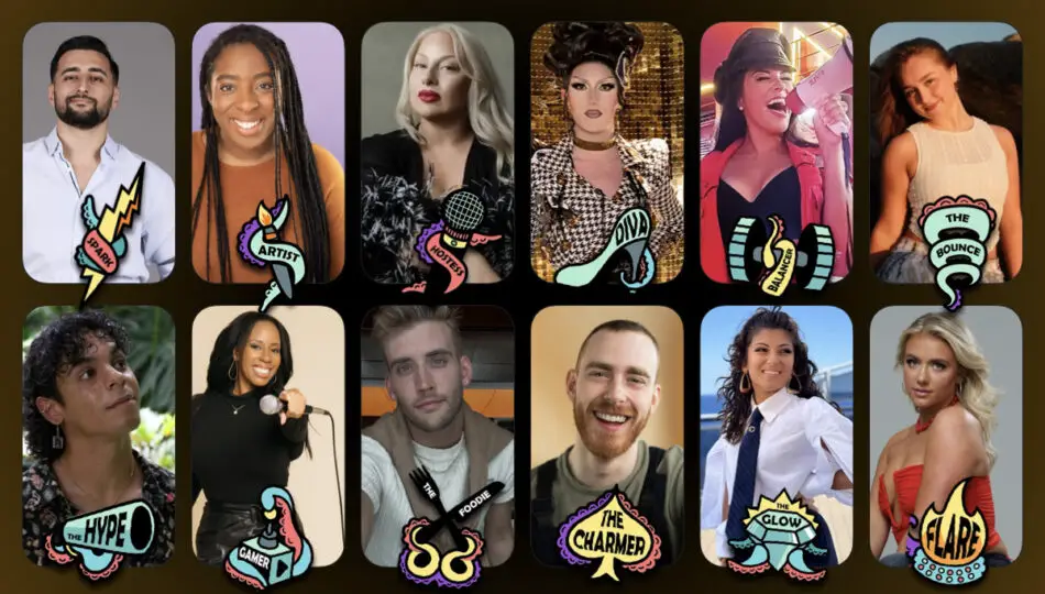 Collage of diverse people in portrait photos with colorful badge stickers