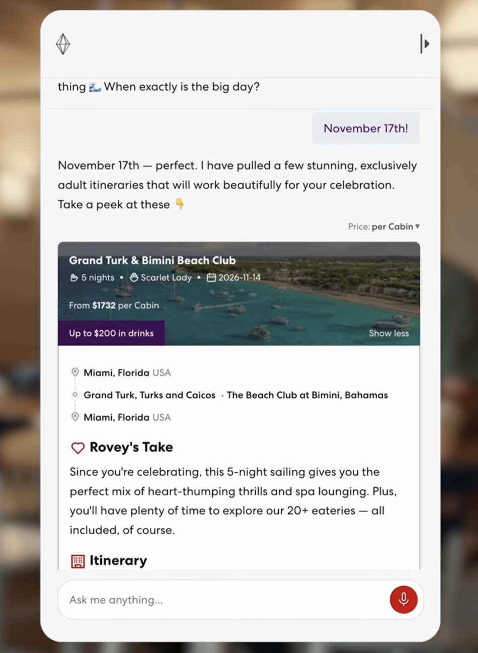 Virgin Voyages cruise ship cabin itinerary featuring Grand Turk and Bimini Beach Club