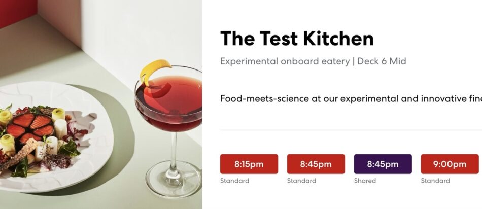 Plate of assorted bites and a red cocktail beside The Test Kitchen title