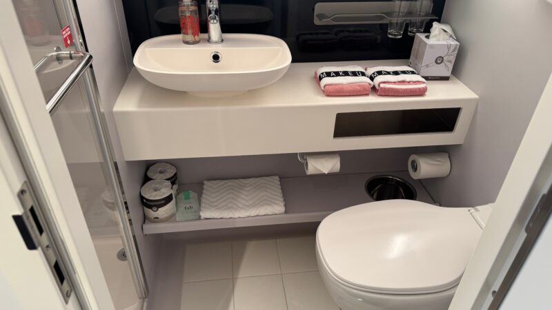 Cruise ship cabin bathroom with a toilet, sink, and shower. The sink area has towels, a soap dispenser, and toiletries.