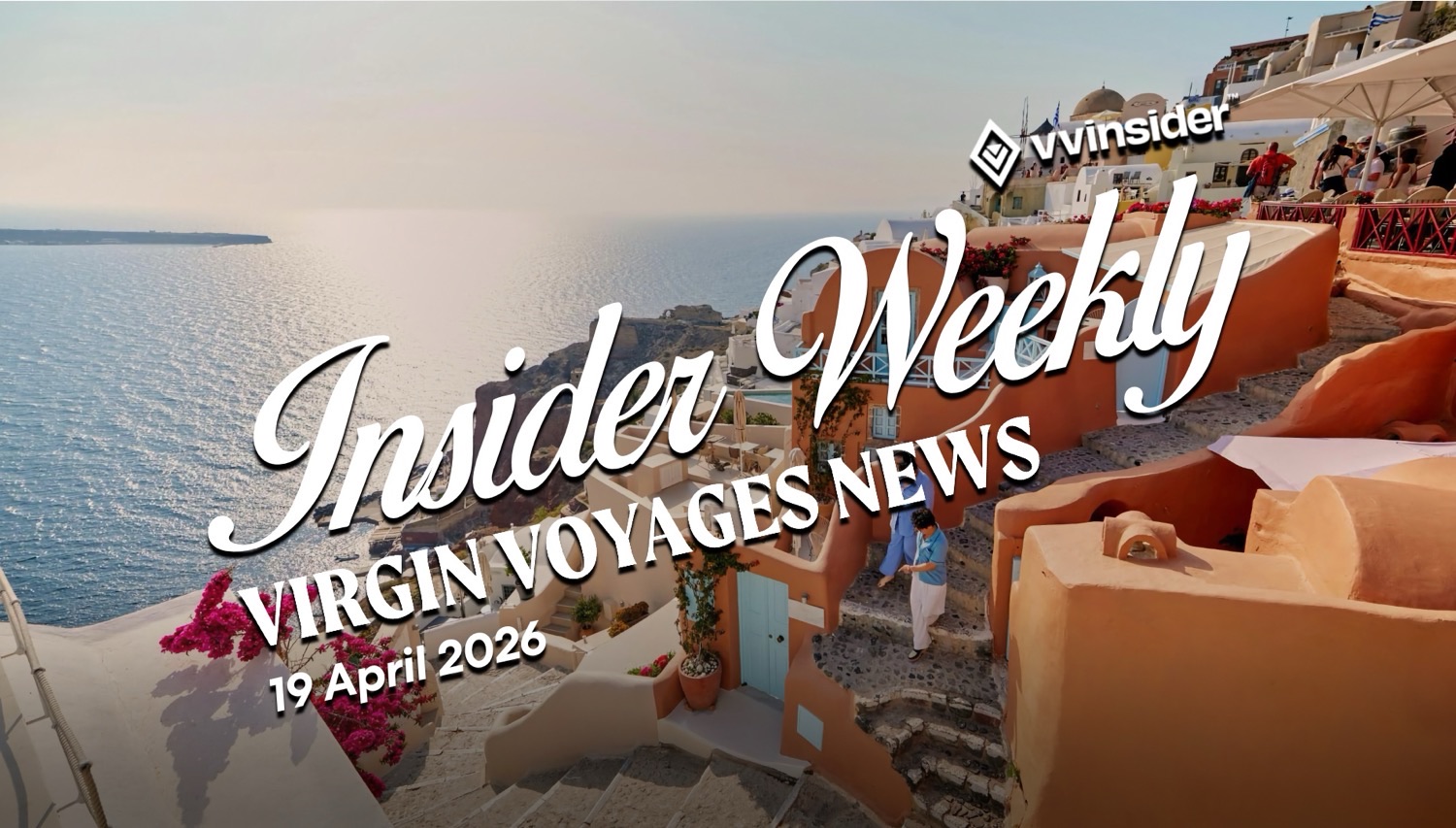 Virgin Voyages News Insider Weekly cover on a cruise ship overlooking the sea