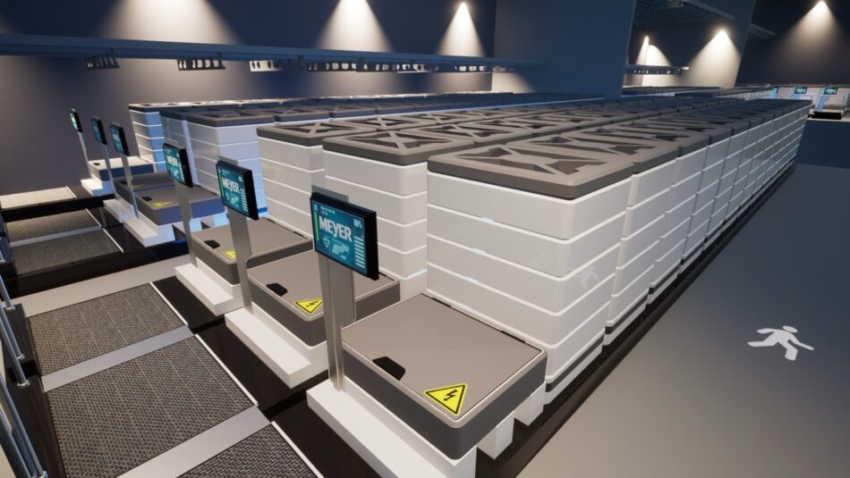 Row of white stacked containers with grey lids and monitoring screens in an industrial cargo area