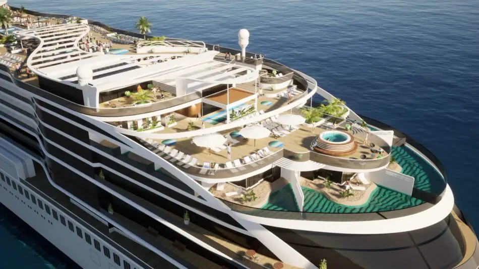 Aerial view of a Virgin Voyages cruise ship deck with pools and loungers