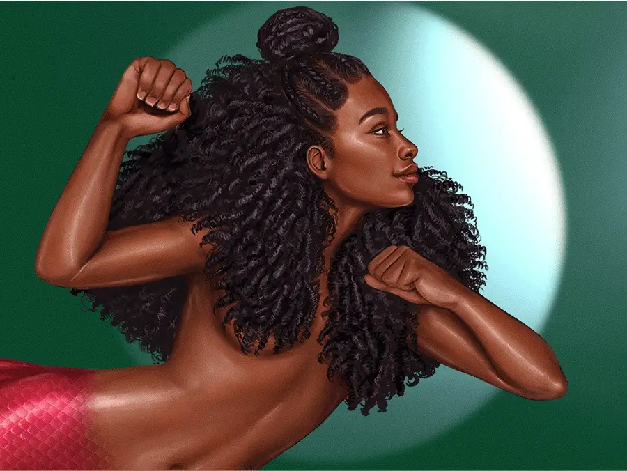 Digital illustration of a muscular woman with curly hair and a red mermaid tail flexing against a green background