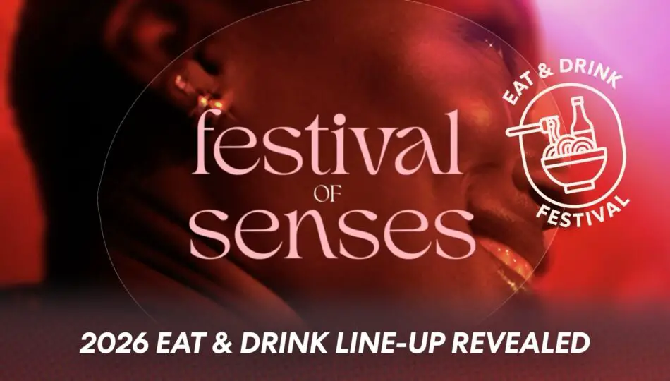 Festival of Senses promotional graphic with Eat & Drink badge and 2026 lineup text
