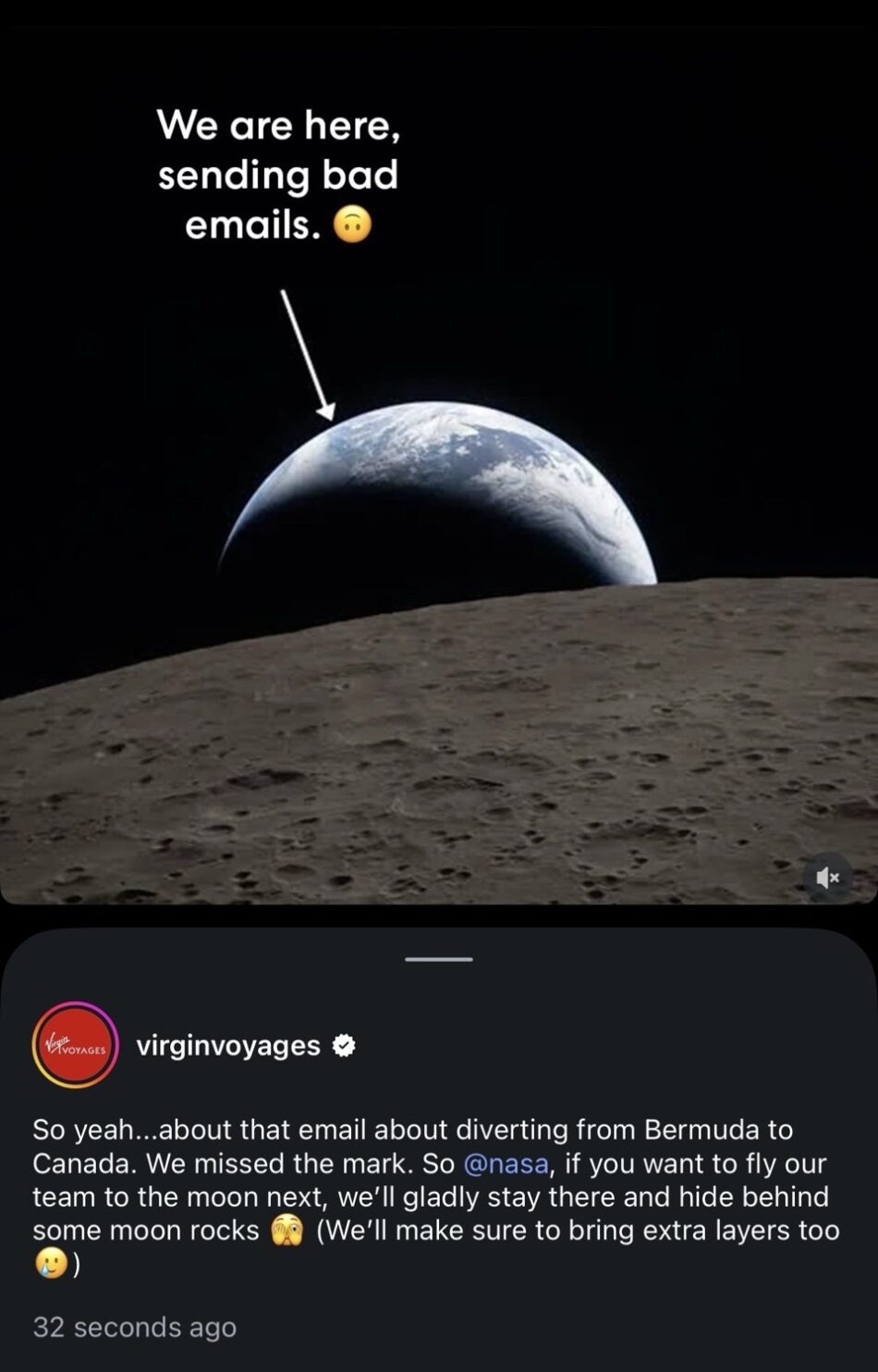 Earth rising over the lunar surface with the text We are here, sending bad emails. 😏