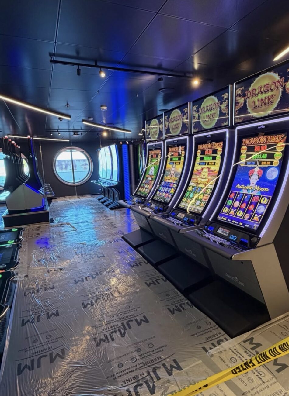 Dragon Link slot machines in a Virgin Voyages cruise ship casino