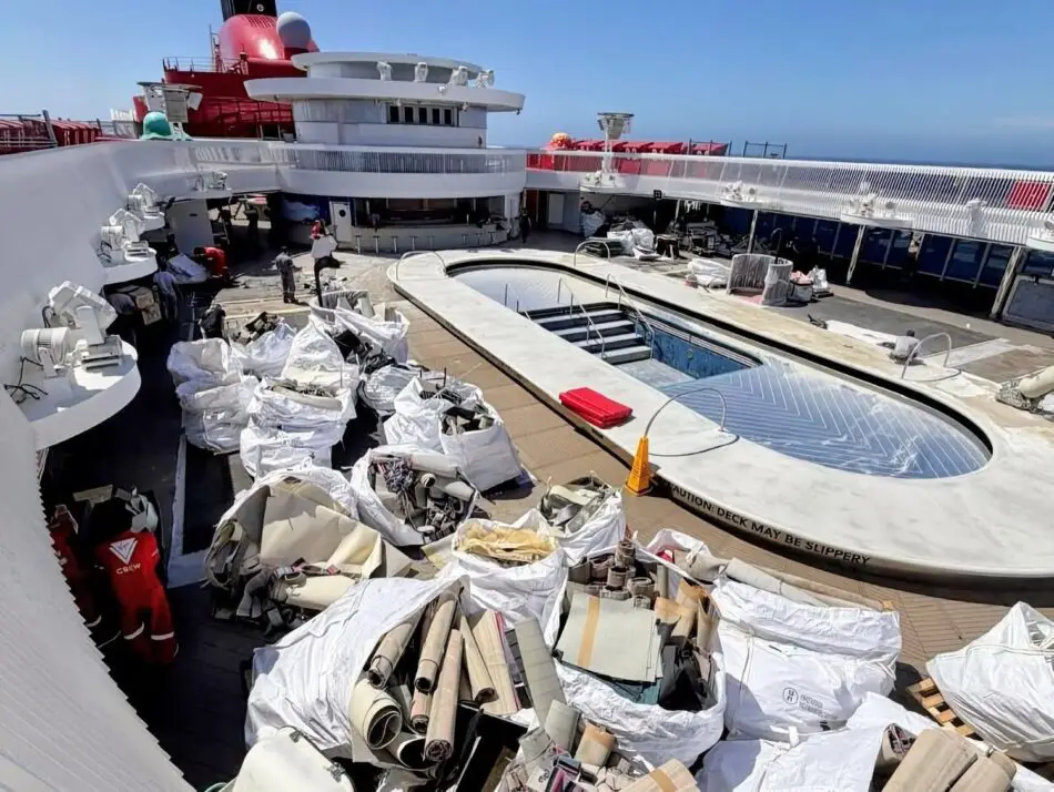 Virgin Voyages cruise ship pool deck under renovation with construction materials