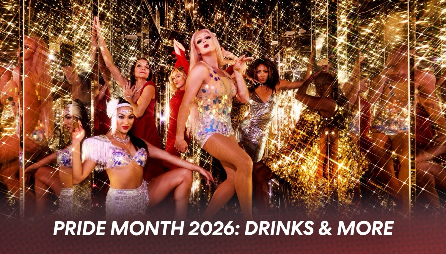 Group of dancers in glittering gold outfits in a mirrored disco room
