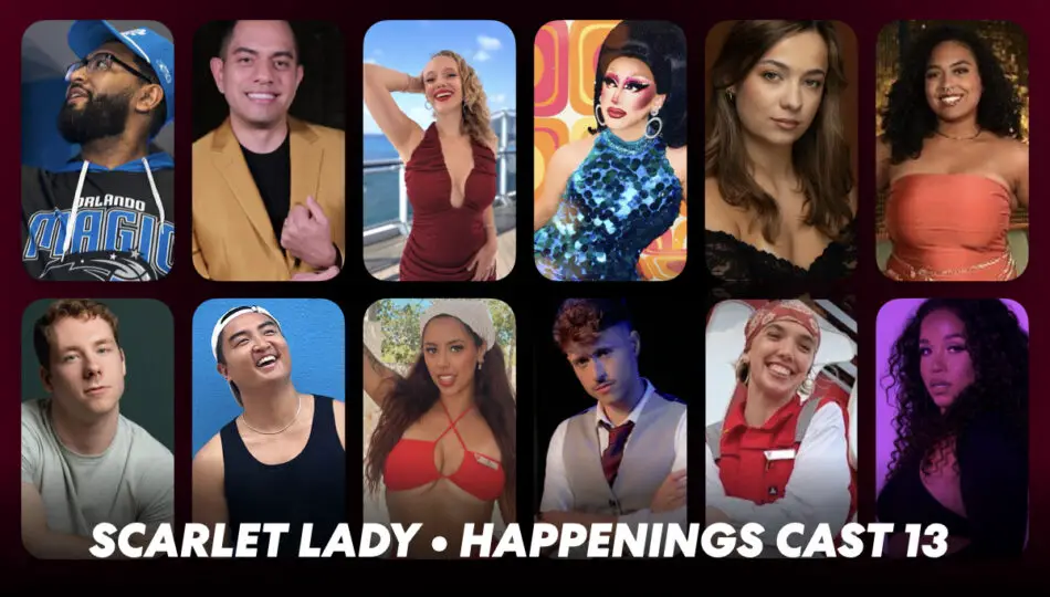 Scarlet Lady Happenings Cast 13 group portrait on a Virgin Voyages cruise ship