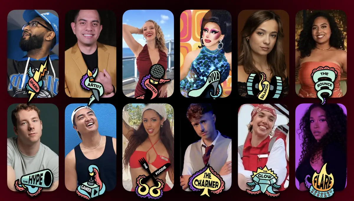 Collage of twelve diverse people, each with colorful cartoon badge labels