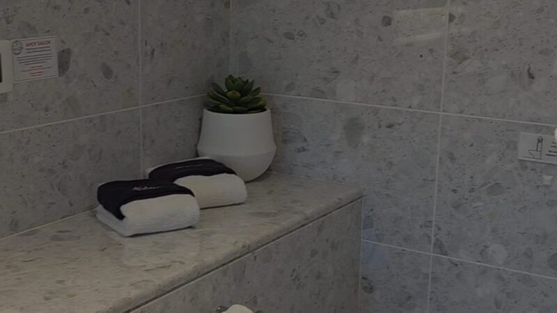 Bathroom in a Virgin Voyages cruise ship cabin with marble tiles, a toilet, neatly arranged towels, and a small potted plant.