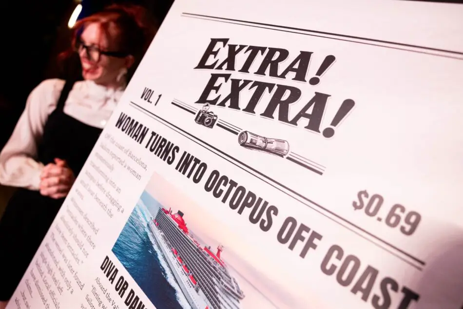 Tilted newspaper front page with EXTRA! EXTRA! and WOMAN TURNS INTO OCTOPUS headlines