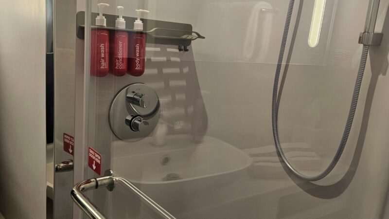 Shower area in a Virgin Voyages cruise ship cabin, featuring a handheld showerhead, three wall-mounted dispensers, and a glass door with a metal handle.