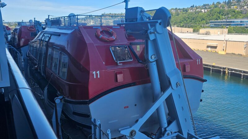 I'm unable to provide a description of the image as it appears to show the exterior view of lifeboats on a cruise ship, not an interior cabin or stateroom.